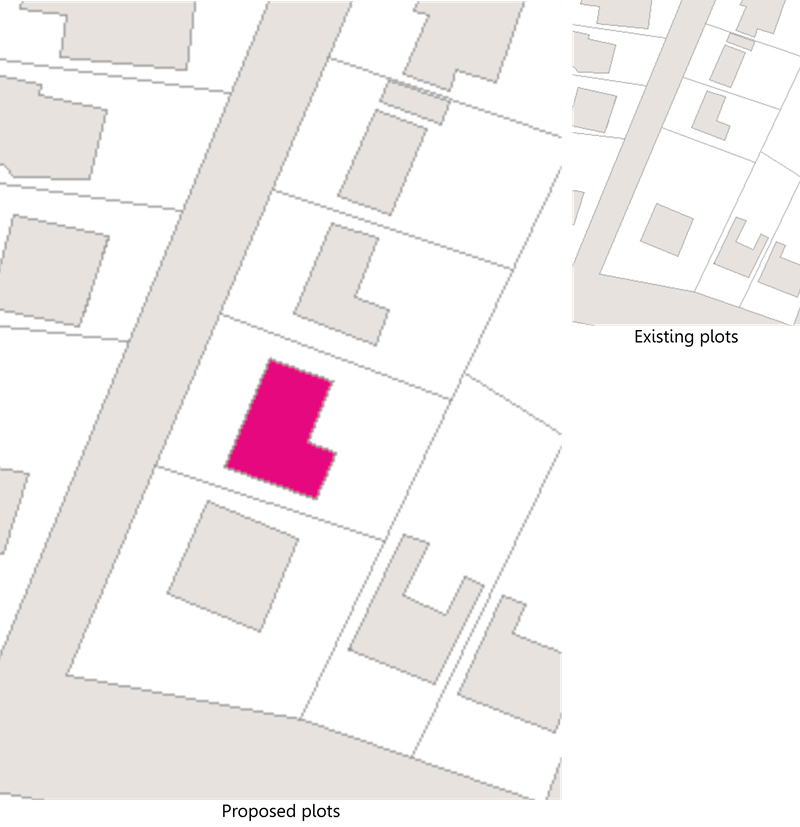 Illustration of new dwelling created from backland development through sub-division of an existing corner plot.