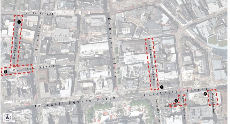 Map of Belfast showing the streets that will have work carried out as part of the 5Cs revitalisation project, including Callender Street, College Court, College Street, Upper Arthur Street and Patterson’s Place.