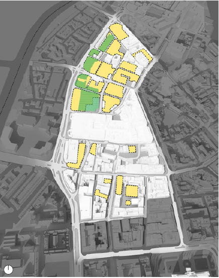 Identify the Key Opportunity Sites. Yellow: Opportunity sites. Green: Land under public ownership (map)