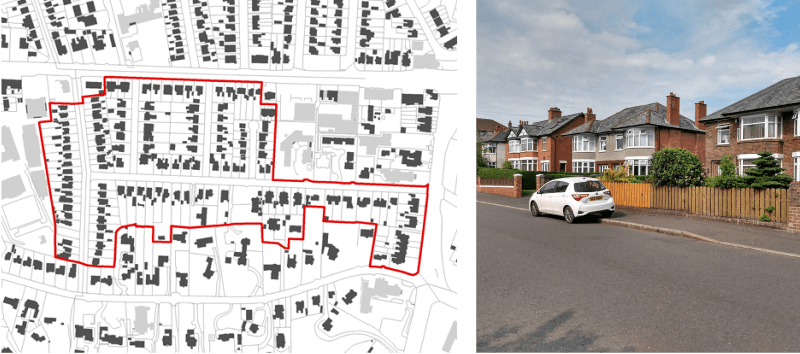 An illustrated map of a residential area; the figure-ground diagram has a uniform and compact urban grain, characterised by a somewhat common density. Its parallel street pattern is lined with a mix of detached and semi-detached dwellings, shown in a photo next to the map.