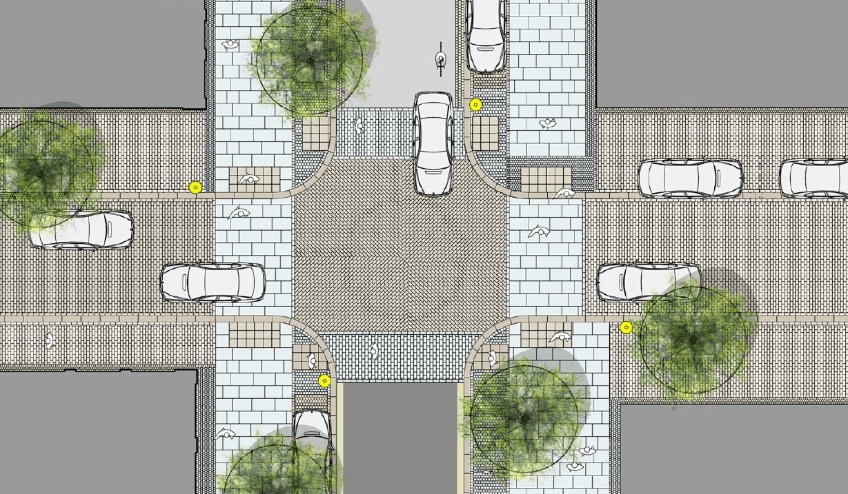 Artist impression of paving arrangement on street junction in Belfast's Linen Quarter