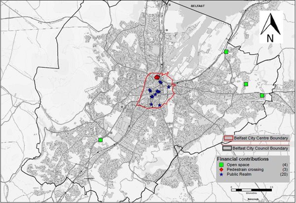 Map showing location of Financial Developer Contributions across the wider Belfast City Council area including three pedestrian crossings, 20 public realm projects and four open spaces.