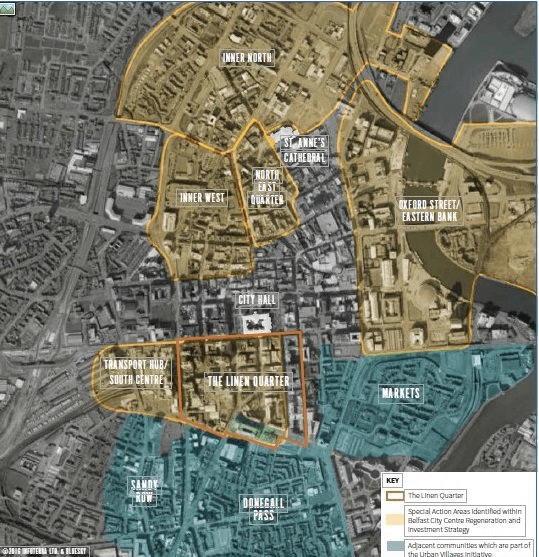 Aerial photograph shows city areas including the Linen Quarter in Belfast