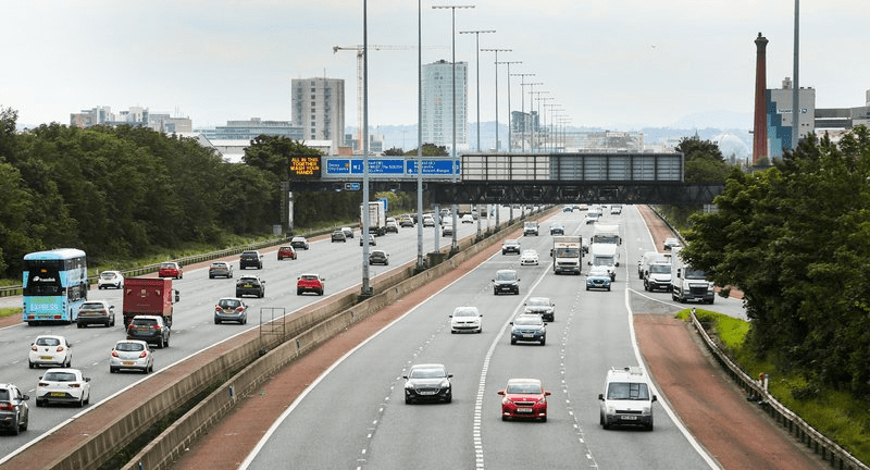 Cars travelling on M2 and M3 flyover in Belfast city centre.